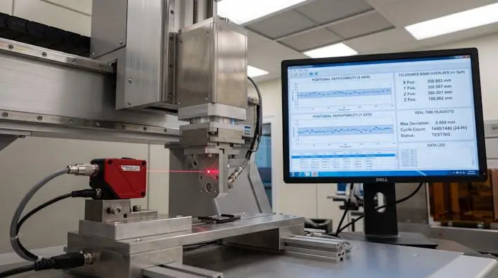 Precision laser measurement sensor mounted on calibration fixture capturing repeatability data from EFEM robot arm during testing cycle, with test station monitor displaying real-time positional accuracy graphs in semiconductor facility cleanroom