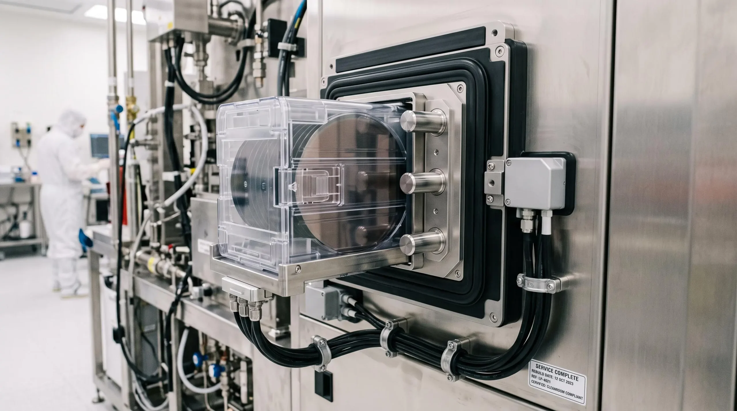 Refurbished semiconductor loadport showing renewed mechanical components including fresh door seals, new kinematic pins, and clean sensor housing installed on processing tool in cleanroom facility with FOUP carrier docked